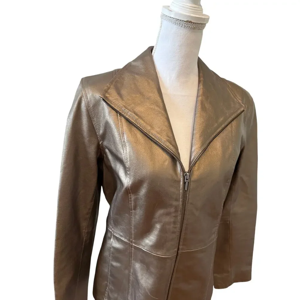 B by Bernardo Leather Jacket Metallic Champagne Bronze M